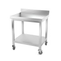 Table inox 600 x 500 mm adossée avec renfort sur roulettes / GOLDINOX