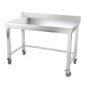 Table inox 1400 x 500 mm adossée avec renfort sur roulettes / GOLDINOX
