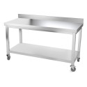 Table inox 1500 x 500 mm adossée avec renfort sur roulettes / GOLDINOX