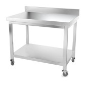 Table inox 1000 x 700 mm adossée avec renfort sur roulettes / GOLDINOX