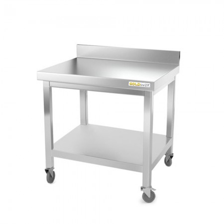Table de travail en inox soubassement 700 x 500 mm adossée sur roulettes PREMIUM / GOLDINOX