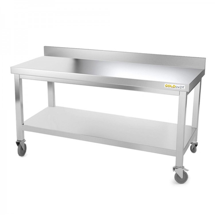 Table inox soubassement 1500 x 500 mm adossée sur roulettes / GOLDINOX