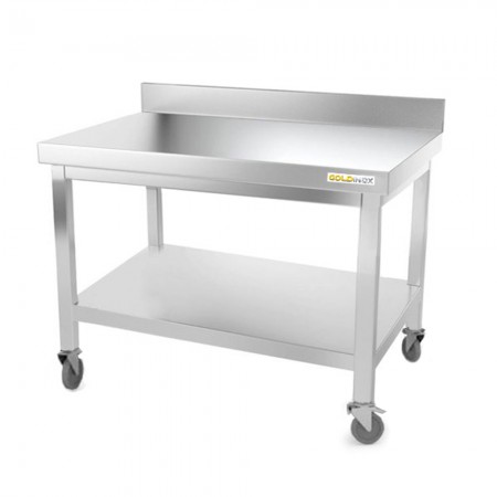 Table de travail en inox soubassement 1000 x 600 mm adossée sur roulettes PREMIUM / GOLDINOX