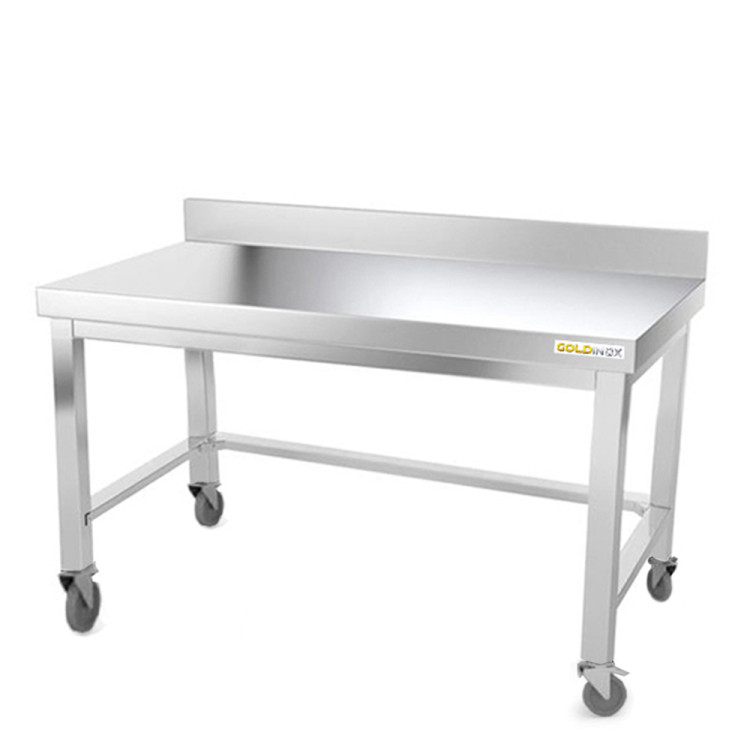 Table inox soubassement 1400 x 500 mm adossée avec renfort sur roulettes / GOLDINOX