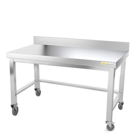 Table inox soubassement 1600 x 500 mm adossée avec renfort sur roulettes / GOLDINOX