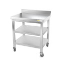 Table inox 800 x 500 mm adossée avec 2 étagères sur roulettes / GOLDINOX