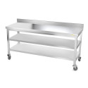 Table inox 1800 x 500 mm adossée avec 2 étagères sur roulettes / GOLDINOX