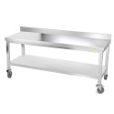 Table inox soubassement 2000 x 600 mm adossée avec renfort sur roulettes / GOLDINOX