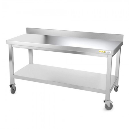 Table de travail en inox soubassement 1500 x 700 mm adossée sur roulettes PREMIUM / GOLDINOX