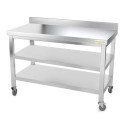 Table inox 1600 x 600 mm adossée avec 2 étagères sur roulettes / GOLDINOX