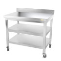 Table inox 1200 x 700 mm adossée avec 2 étagères sur roulettes / GOLDINOX