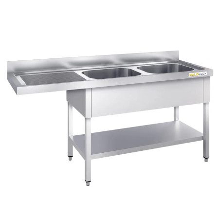 Plonge lave-vaisselle inox 2 bacs - 1800 x 600 mm égouttoir gauche PREMIUM / GOLDINOX