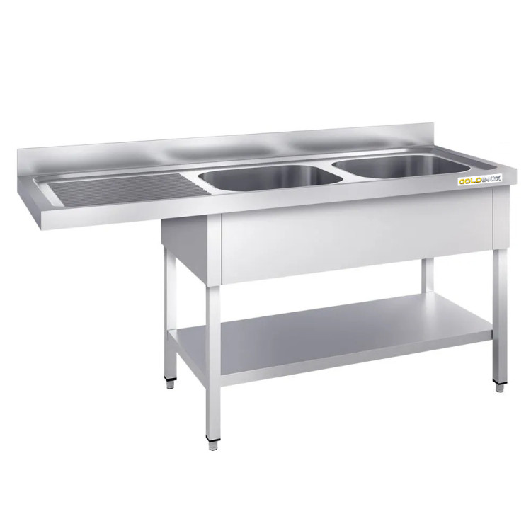 Plonge lave-vaisselle inox 2 bacs - 1800 x 600 mm égouttoir gauche PREMIUM / GOLDINOX