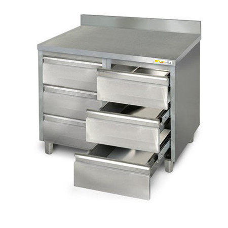 Meuble bas inox 1000 x 700 mm adossée avec 6 tiroirs PREMIUM / GOLDINOX