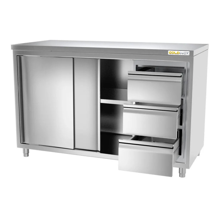 Meuble bas inox 1400 x 600 mm avec 3 tiroirs droit PREMIUM / GOLDINOX