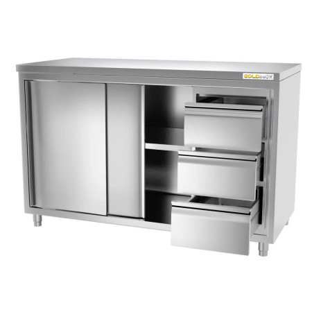 Meuble bas inox 1600 x 600 mm avec 3 tiroirs droit PREMIUM / GOLDINOX