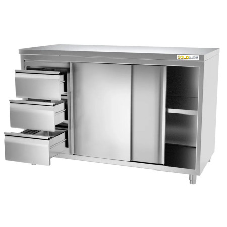 Meuble bas inox 1800 x 600 mm avec 3 tiroirs gauche PREMIUM / GOLDINOX