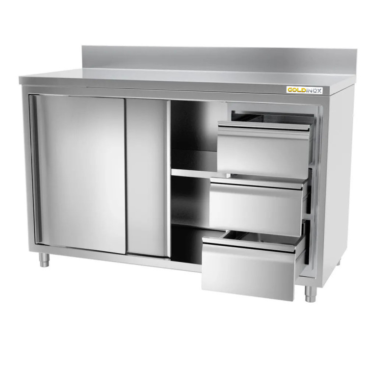 Meuble bas inox 1400 x 600 mm adossée avec 3 tiroirs droit PREMIUM / GOLDINOX