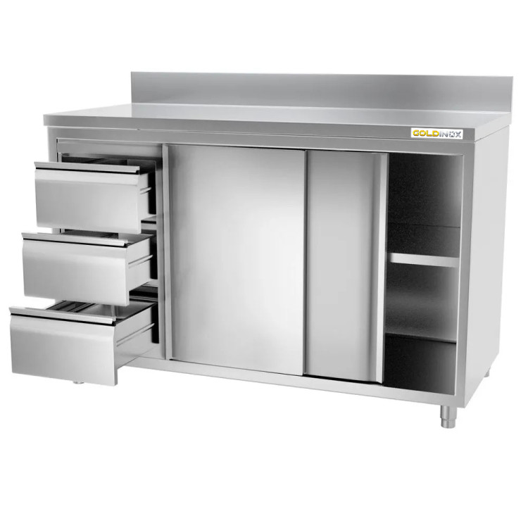 Meuble bas inox 1500 x 600 mm adossée avec 3 tiroirs gauche PREMIUM / GOLDINOX