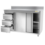 Meuble bas inox 1600 x 600 mm adossée avec 3 tiroirs gauche PREMIUM / GOLDINOX