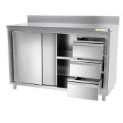 Meuble bas inox 1800 x 600 mm adossée avec 3 tiroirs droit PREMIUM / GOLDINOX