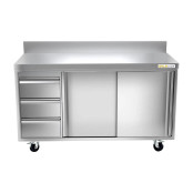 Meuble bas inox 1400 x 600 mm adossée avec 3 tiroirs gauche sur roulettes / GOLDINOX