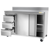 Meuble bas inox 1500 x 600 mm adossée avec 3 tiroirs gauche sur roulettes / GOLDINOX