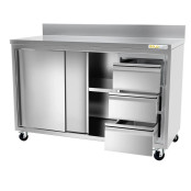 Meuble bas inox 1800 x 600 mm adossée avec 3 tiroirs droit sur roulettes / GOLDINOX