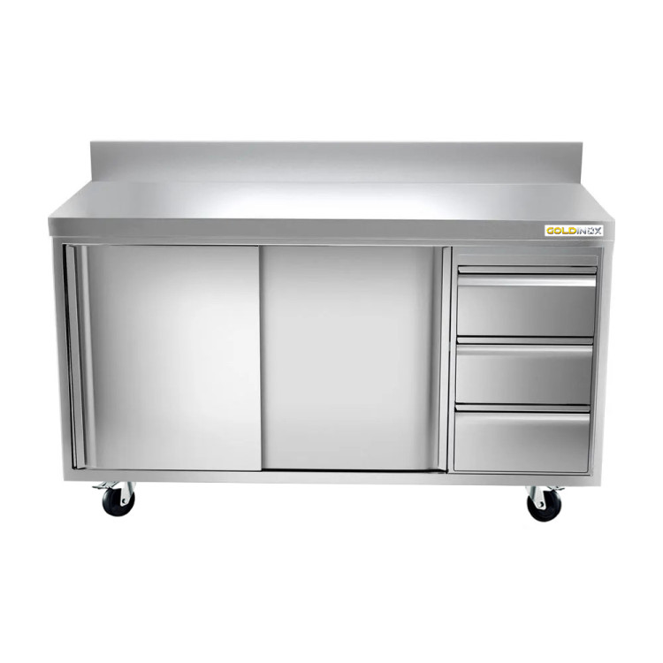 Meuble bas inox 2000 x 600 mm adossée avec 3 tiroirs droit sur roulettes / GOLDINOX