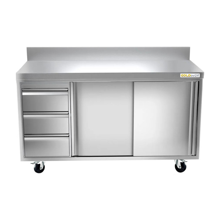 Meuble bas inox 2000 x 700 mm adossée avec 3 tiroirs gauche sur roulettes / GOLDINOX