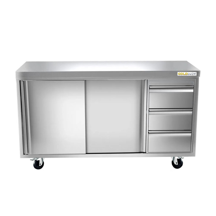 Meuble bas inox 1400 x 600 mm avec 3 tiroirs droit sur roulettes / GOLDINOX