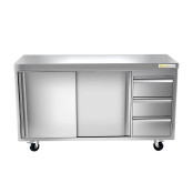 Meuble bas inox 1600 x 600 mm avec 3 tiroirs droit sur roulettes / GOLDINOX