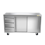 Meuble bas inox 1400 x 700 mm avec 3 tiroirs gauche sur roulettes / GOLDINOX