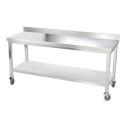 Table inox 1800 x 500 mm adossée sur roulettes / GOLDINOX