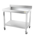 Table inox 1200 x 700 mm adossée sur roulettes / GOLDINOX 