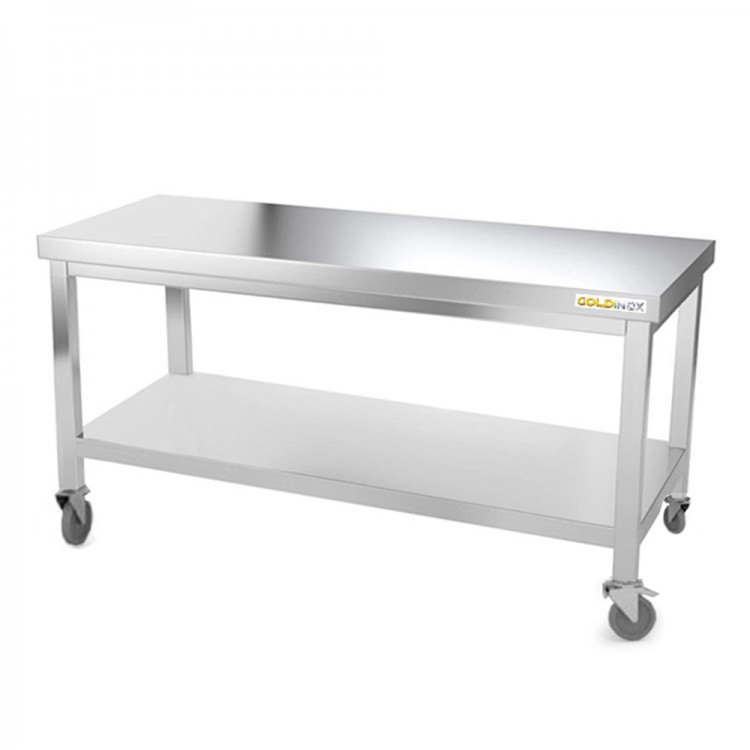 Table inox soubassement 1400 x 800 mm sur roulettes / GOLDINOX 