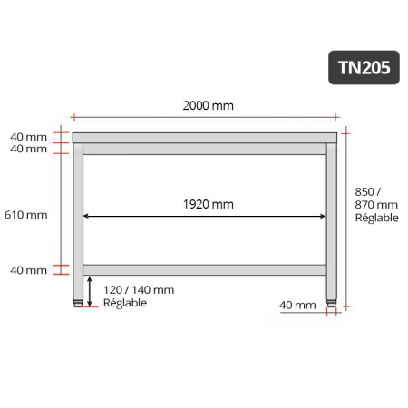 Table inox 2000 x 500 mm / GOLDINOX