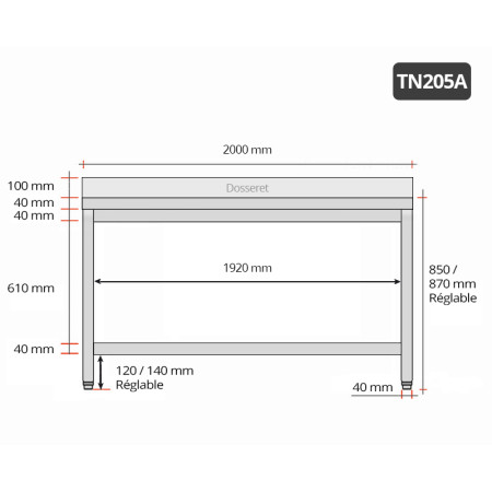 Table inox 2000 x 500 mm adossée / GOLDINOX