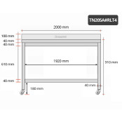 Table inox 2000 x 500 mm adossée sur roulettes / GOLDINOX