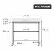 Table inox 700 x 500 mm adossée avec renfort sur roulettes / GOLDINOX