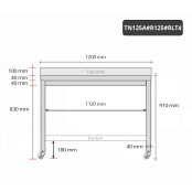 Table inox 1200 x 500 mm adossée avec renfort sur roulettes / GOLDINOX