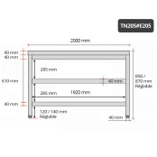 Table inox 2000 x 500 mm avec 2 étagères / GOLDINOX