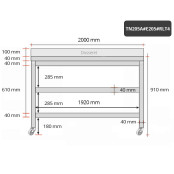 Table inox 2000 x 500 mm adossée avec 2 étagères sur roulettes / GOLDINOX