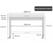 Table inox soubassement 2000 x 500 mm adossée avec renfort sur roulettes / GOLDINOX