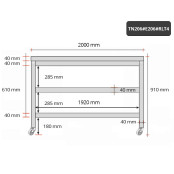 Table inox 2000 x 600 mm avec 2 étagères sur roulettes / GOLDINOX