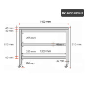 Table inox 1400 x 700 mm avec 2 étagères sur roulettes / GOLDINOX