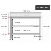 Table inox 1600 x 700 mm adossée avec 2 étagères sur roulettes / GOLDINOX