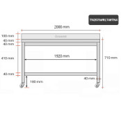 Table inox soubassement 2000 x 700 mm adossée sur roulettes / GOLDINOX 