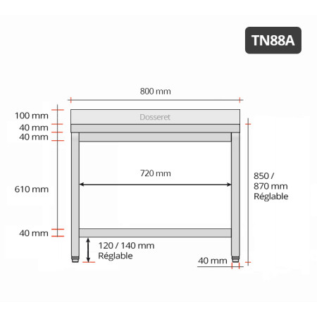 Table inox 800 x 800 mm adossée / GOLDINOX