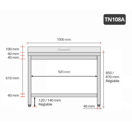 Table inox 1000 x 800 mm adossée / GOLDINOX